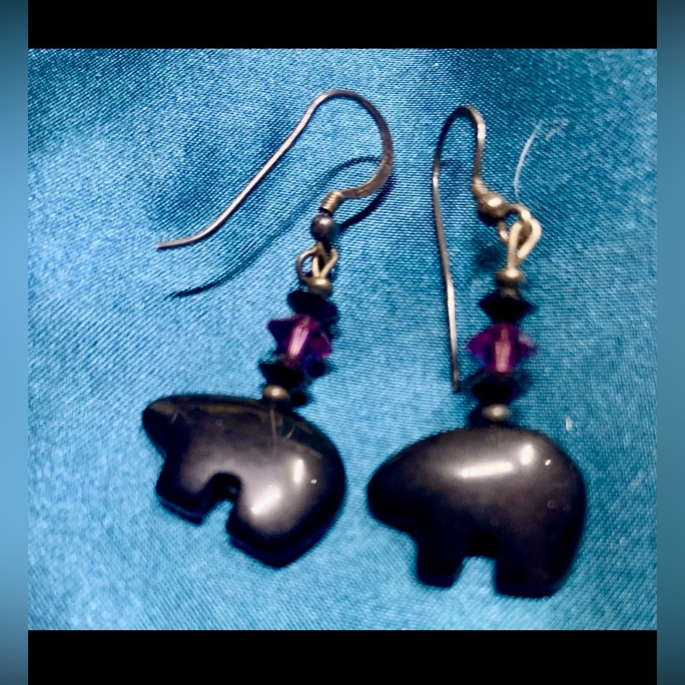 Artisan Carved Bear Fetish Drop Earrings - Picture 2 of 4
